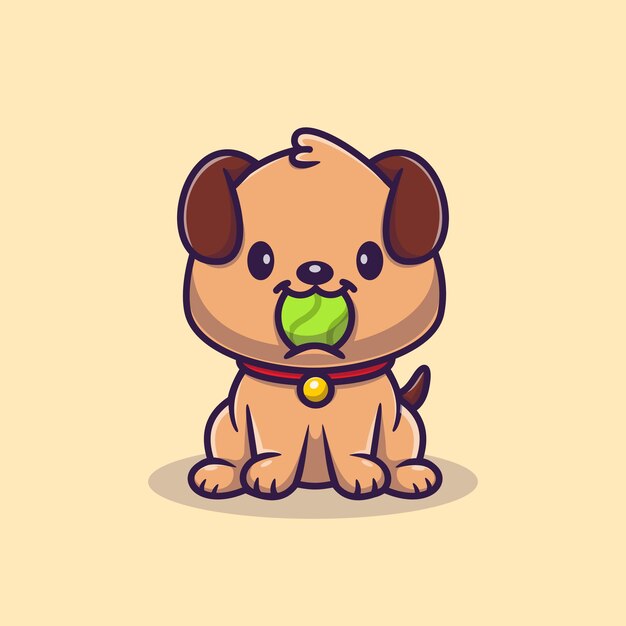 귀여운 강아지 물린 공 만화 벡터 아이콘 그림입니다. 동물 스포츠 아이콘 개념 절연 프리미엄 벡터입니다. 플랫 만화 스타일