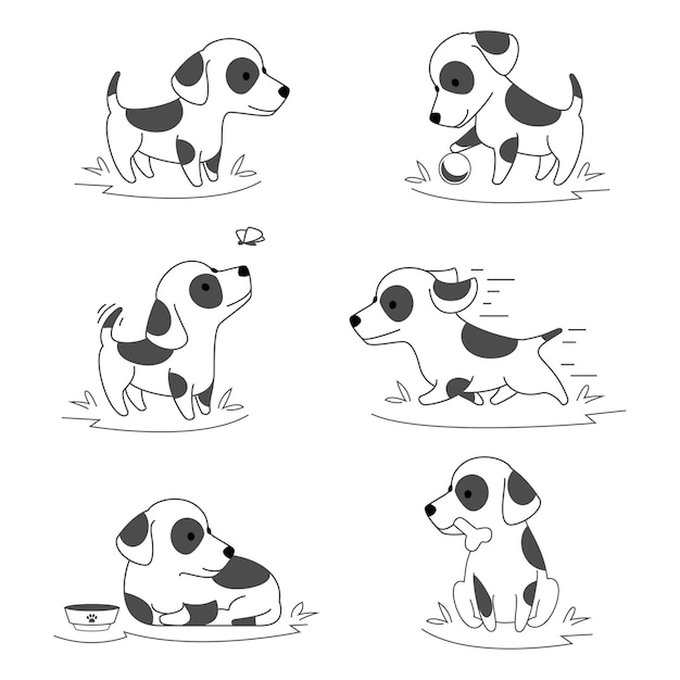 Cute puppy dog doodle. Pets running and actively playing illustration
