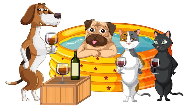 Free vector cute puppy dogs and cats party in rubber swimming pool