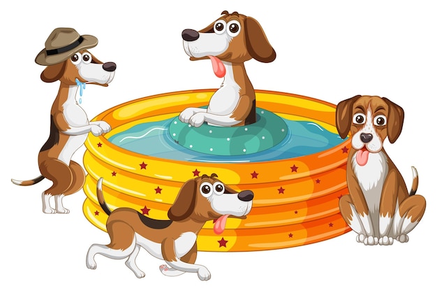 Vettore gratuito simpatici cagnolini fanno festa nella piscina di gomma