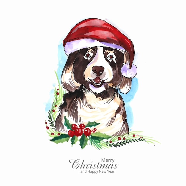 無料ベクター 水彩カードの背景を持つクリスマスのかわいい子犬