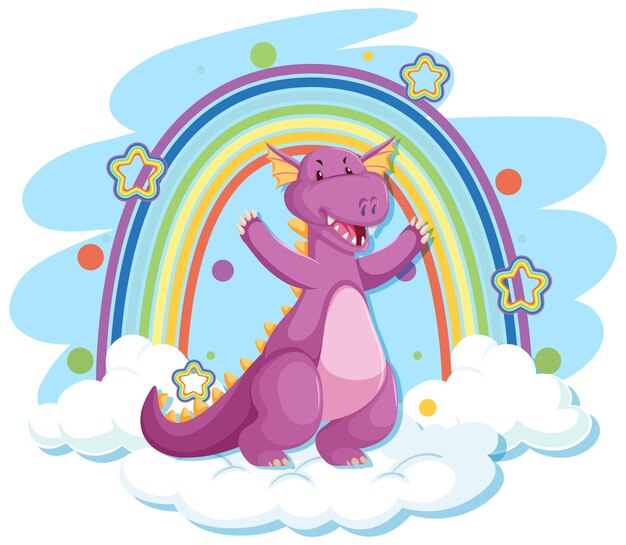 Cute purple dragon on the cloud with rainbow