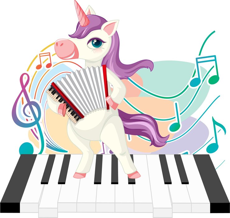 मुफ़्त वेक्टर cute purple unicorn playing accordion with music notes on piano