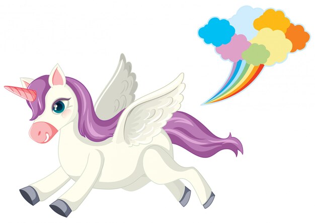 Cute purple unicorn in running position on white background