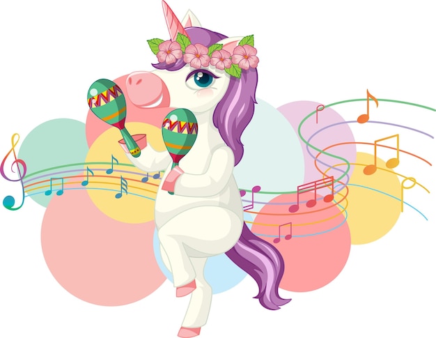 Бесплатное векторное изображение Милый фиолетовый единорог трясет маракасы музыкальными нотами на белой ба