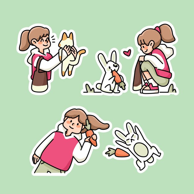 かわいいウサギと女の子にんじんのかわいい漫画イラストステッカースタイル プレミアムベクター