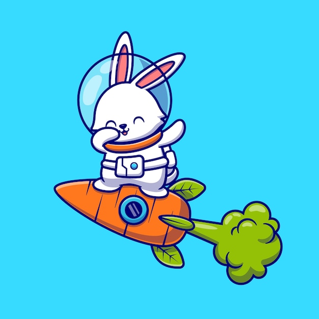 ニンジンロケット漫画アイコンイラストで軽くたたくと飛んでかわいいウサギの宇宙飛行士。分離された動物技術アイコンの概念。フラット漫画スタイル