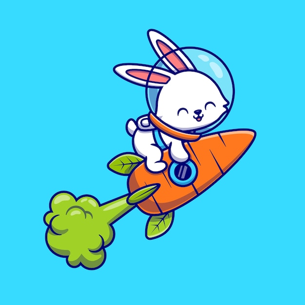 キャロットロケット漫画アイコンイラストで飛んでいるかわいいウサギの宇宙飛行士。分離された動物技術アイコンの概念。フラット漫画スタイル