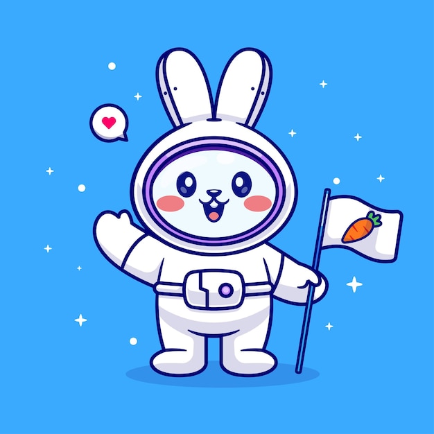 Free vector cute rabbit astronaut holding carrot flag cartoon vector icon illustration animal science isolated