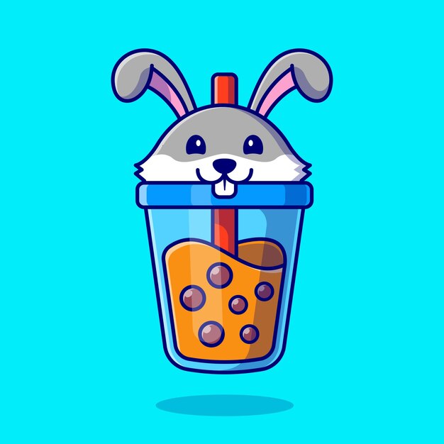 Cute Rabbit Boba Milk Tea Cartoon Icon Illustration.