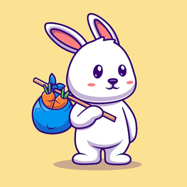 Cute Rabbit Bring Carrot With Bag Cartoon Vector Icon Illustration Animal Nature Icon Isolated