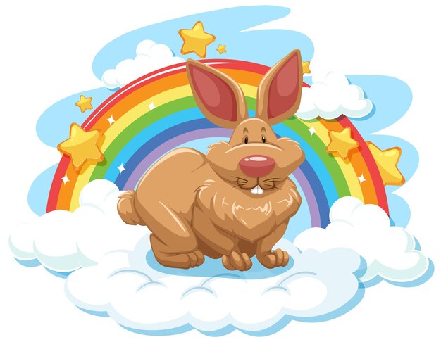 Милый кролик на облаке с радугой