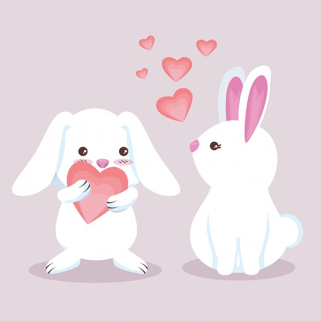 Милая пара кроликов с очаровательными сердцами