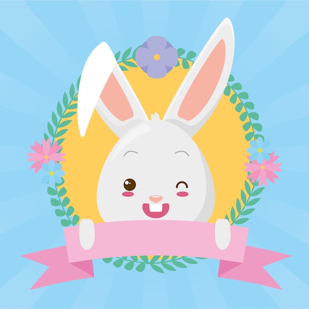 Free vector cute rabbit face cartoon with ribbon