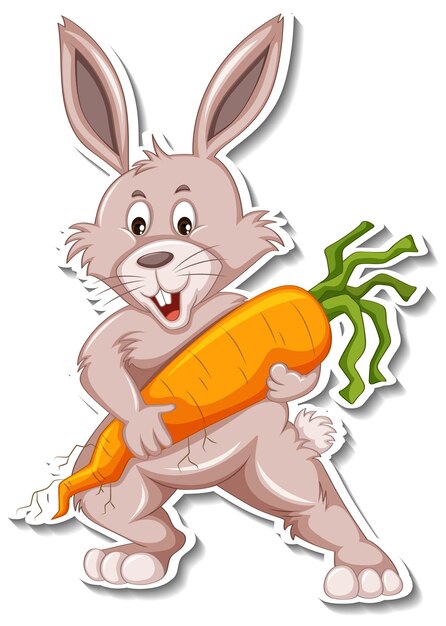 Милый кролик держит морковку мультяшный стикер