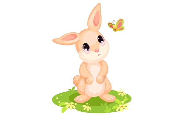 Cute rabbit looking at butterfly cartoon