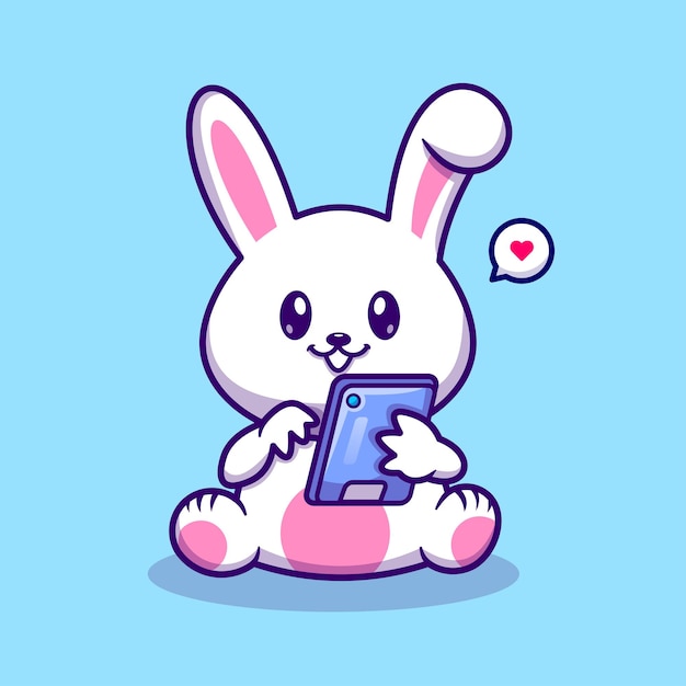 Cute Rabbit Playing Phone Cartoon Vector Icon Illustration Animal Technology Icon Concept Isolated
