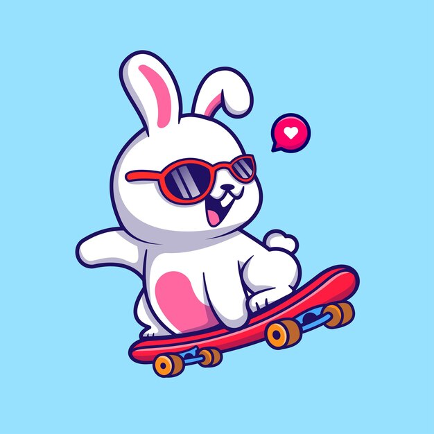 Cute Rabbit Playing Skateboard And Wearing Glasses Cartoon Vector Icon Illustration Animal Sport