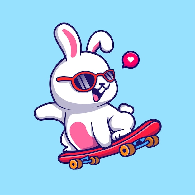 スケートボードを再生し、眼鏡をかけているかわいいウサギ漫画ベクトルアイコンイラスト動物のスポーツ