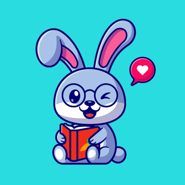 귀여운 토끼 읽기 책 벡터 아이콘 그림입니다. 동물 교육 아이콘 개념 절연 프리미엄 벡터입니다. 플랫 만화 스타일