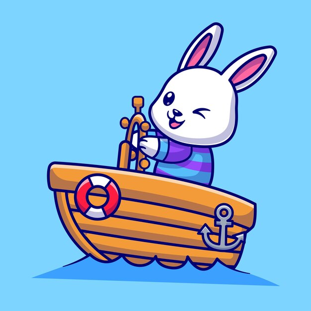 Cute Rabbit Riding Boat Cartoon Vector Icon Illustration Animal Transportation Icon Isolated Flat
