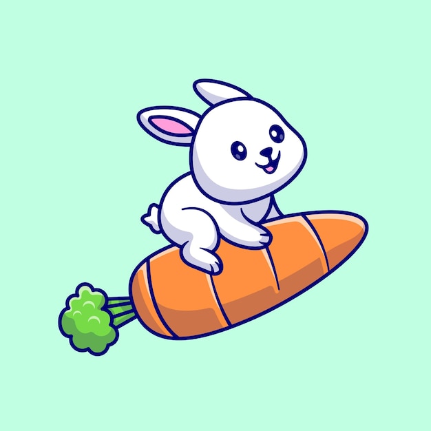 Cute rabbit riding carrot rocket cartoon vector icon illustration. animal nature icon isolated