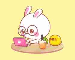 Free vector cute rabbit with duck working on laptop cartoon illustration