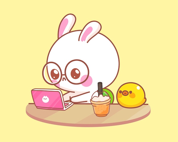 Милый кролик с уткой работает над иллюстрацией шаржа ноутбука