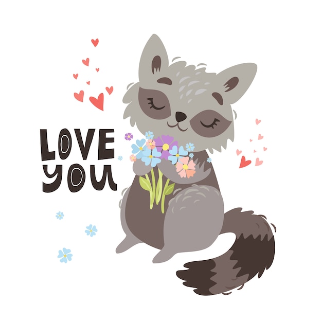 Free vector cute raccoon illustration. love you