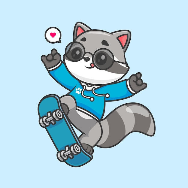 金属の手でスケート ボードをするかわいいアライグマ漫画ベクトル アイコン イラスト動物スポーツ アイコン
