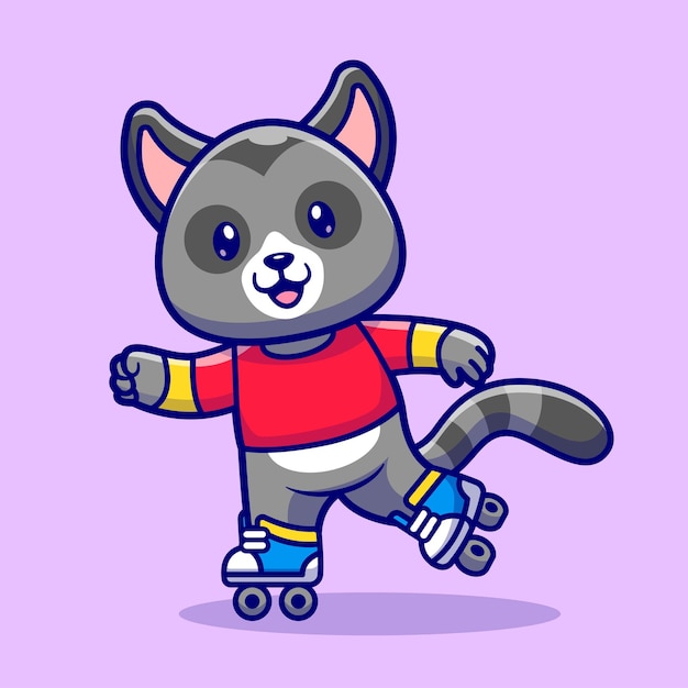 Cute Racoon Playing Roller Skate Cartoon Vector Icon Illustration Animal Sport Icon Isolated Flat