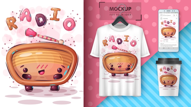 無料Vector かわいいラジオポスターとマーチャンダイジング