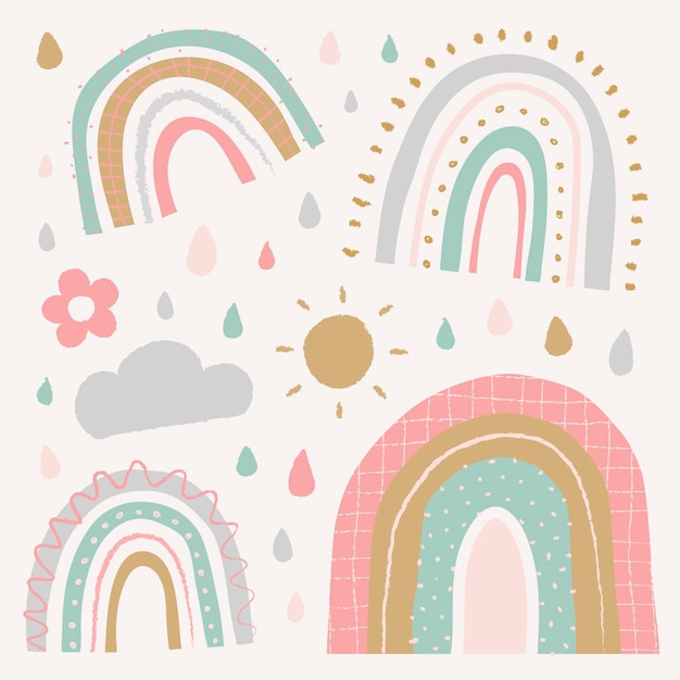 Vettore gratuito simpatico arcobaleno in set vettoriale stile doodle