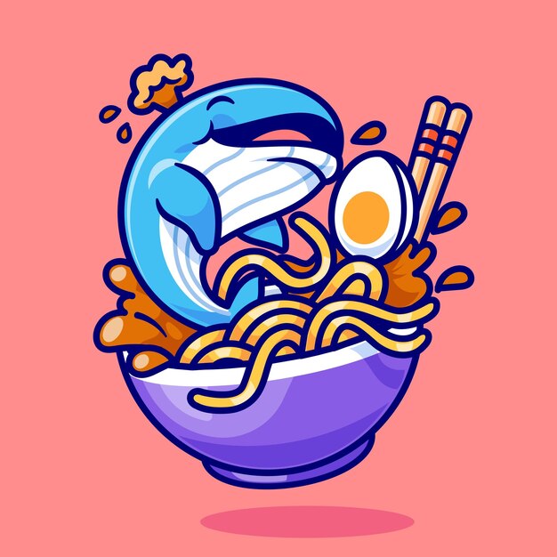 cute ramen noodle with whale fish cartoon vector icon illustration animal food isolated flat vector