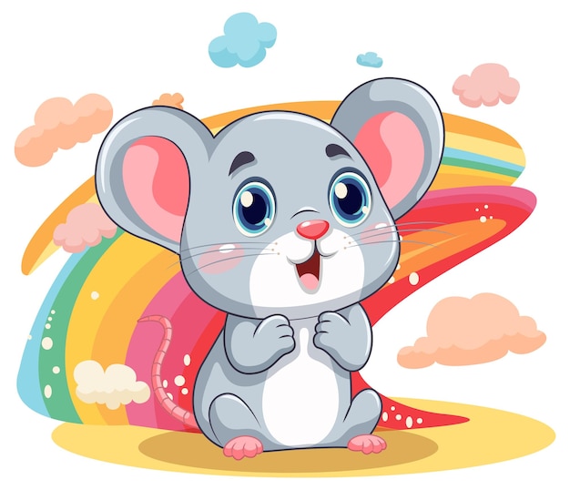 고립 된 무지개와 귀여운 쥐 만화 캐릭터