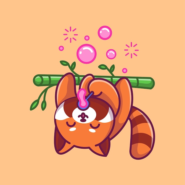 Free vector cute red panda blowing bubble on bamboo tree cartoon vector icon illustration animal nature isolate
