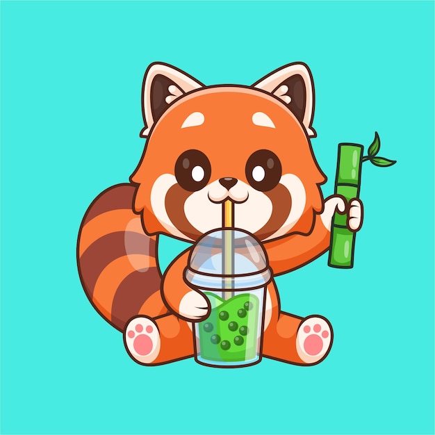 Free vector cute red panda drinking boba milk tea with bamboo cartoon vector icon illustration animal drink flat