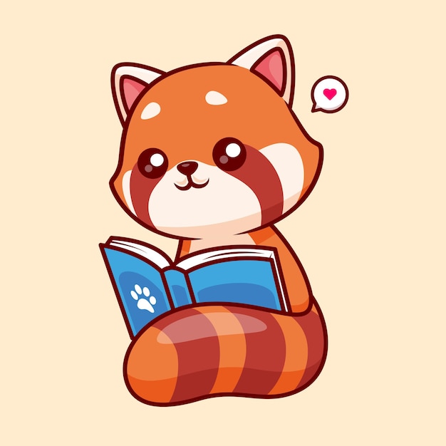 Free vector cute red panda reading book cartoon vector icon illustration animal education icon concept isolated