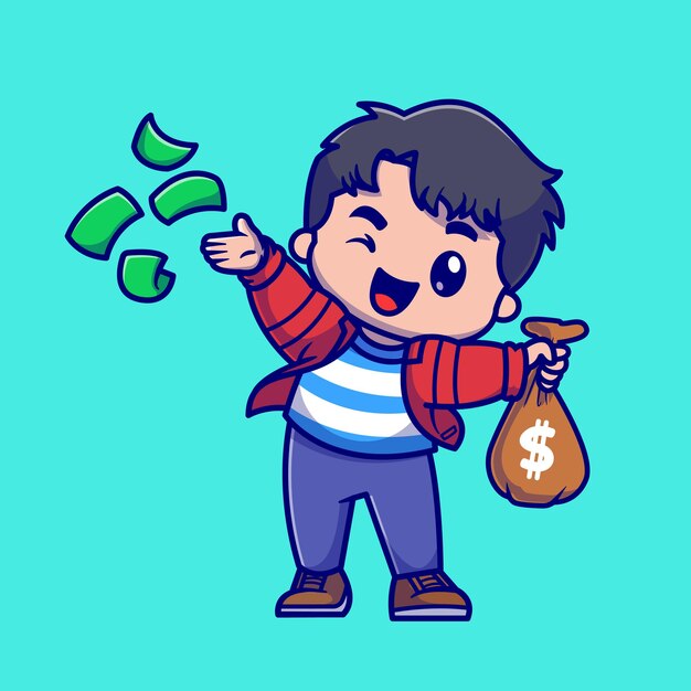 Cute Rich Boy Throws Money Cartoon Vector Icon Illustration. People Business Icon Concept Isolated Premium Vector. Flat Cartoon Style