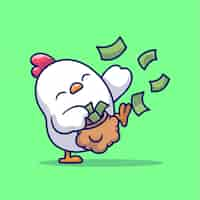 Free vector cute rich chicken throws money in bag cartoon vector icon illustration animal finance isolated flat