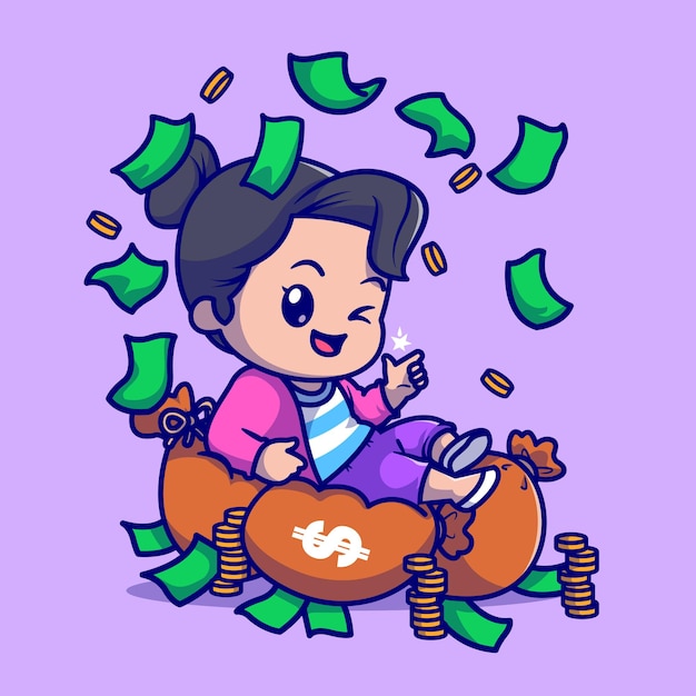 Free vector cute rich girl with money cartoon vector icon illustration. people finance icon concept isolated premium vector. flat cartoon style