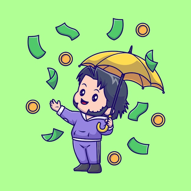 Free vector cute rich man holding umbrella with money rain cartoon vector icon illustration. people finance icon