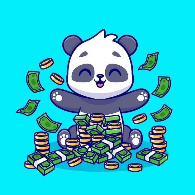 Vettore gratuito carino panda ricco con soldi cartoon icona vettore illustrazione. concetto di icona di finanza animale isolato