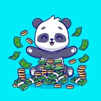 Free vector cute rich panda with money cartoon vector icon illustration. animal finance icon concept isolated