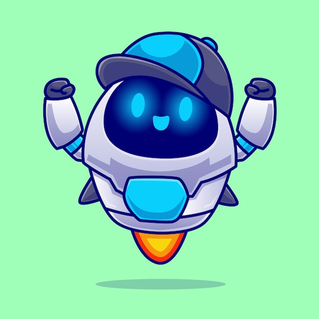 Cute Robot Wearing Hat Flying Cartoon Vector Icon Illustration Science Technology Icon Isolated