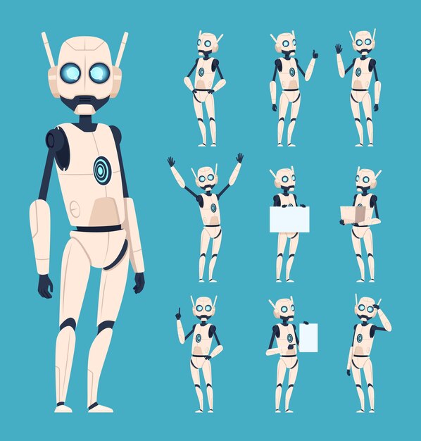 さまざまなポーズのバイオニックアームと目を持つサイバネティックロボットアンドロイド プレミアムベクター