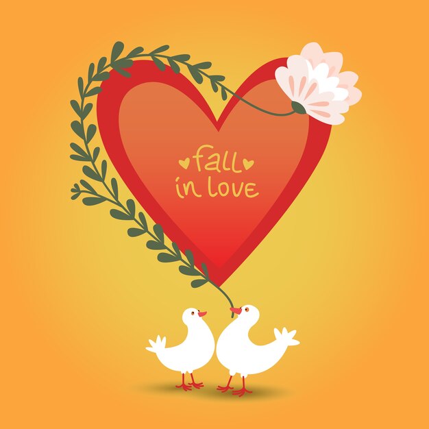 Free vector cute romantic love card for valentine s day with red heart flower and two doves illustration