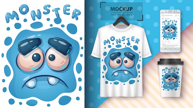 Free vector cute sad monster poster and merchandising