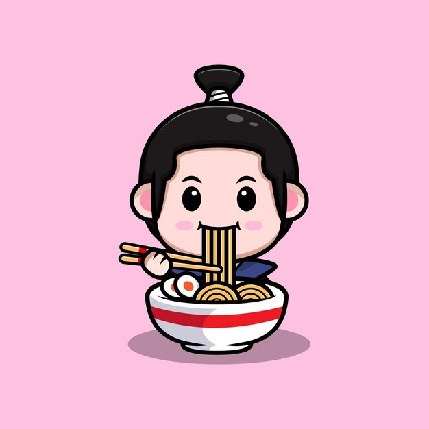日本のかわいいカワイイレッドパンダとタコがラーメンを食べる プレミアムベクター