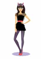 Free vector cute sassy sexy bad girl with horns and long brunette hair wearing glasses standing in a black mini skirt and stilettos with her hand on her hip in a seductive pose  vector illustration on white